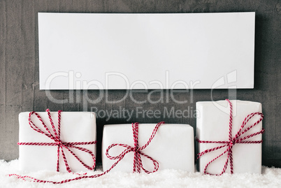 Three White Gifts With Red Ribbon, Sign, Copy Space, Snow