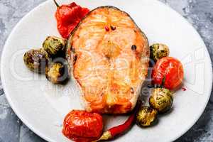 Baked salmon on plate