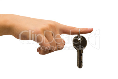 A bunch of keys to the door on the index finger