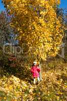 The girl leaned against an autumn maple with golden leaves