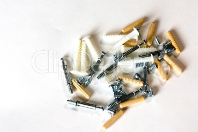Furniture wooden and plastic pins, screws and screed
