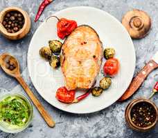 Baked salmon on plate