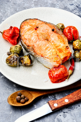 Baked salmon on plate