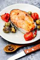 Baked salmon on plate