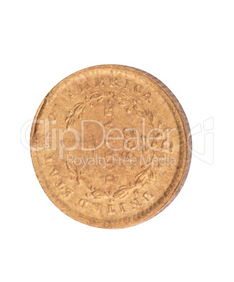 one gold 1852 dollar coin isolated on white background