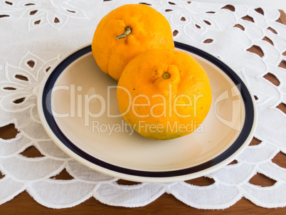 Two ripe tangerines on a porcelain dish.