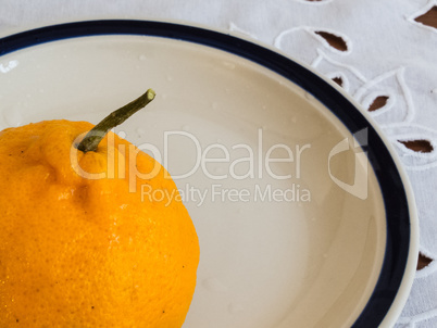 Detail of ripe tangerine on white porcelain dish.
