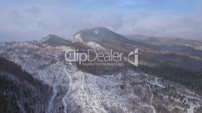Aerial footage of winter season in the mountains