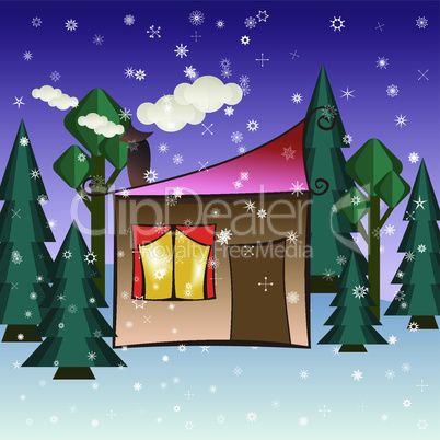 House in snowfall. Christmas greeting card background poster.
