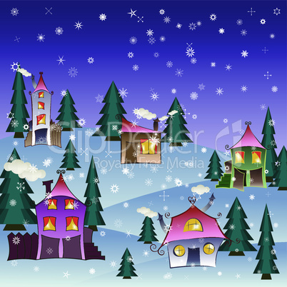 House in snowfall. Christmas greeting card background poster.