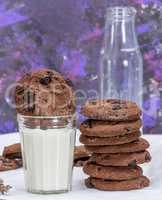 full glass of milk and round chocolate chip cookies