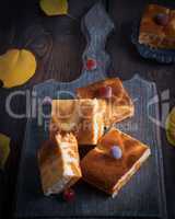 baked square pieces of pumpkin cheesecake