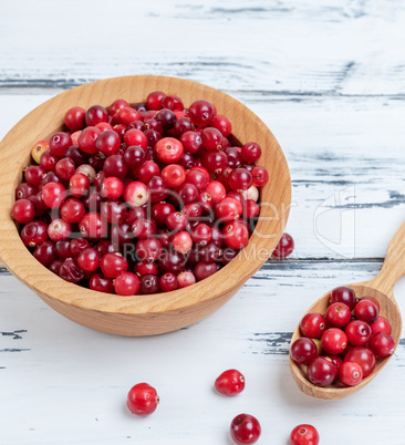 berries of ripe red cranberries in a wooden plate