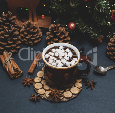 ceramic mug with hot chocolate and white marshmallow