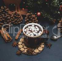 ceramic mug with hot chocolate and white marshmallow