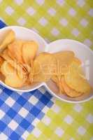 Close up potato chips. top view background