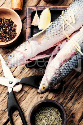 Raw fish with spices on cutting board