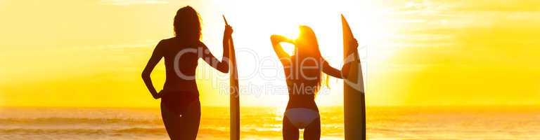 Panorama Bikini Surfer Women Girls Surfboards Sunset Beach