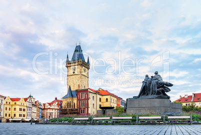 The Old Town Hall and the Jan Hus Memorial in Prague