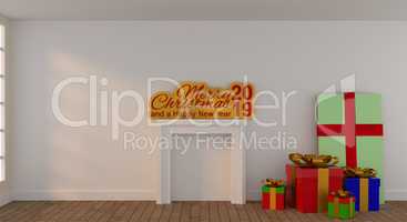 Colorful Christmas gift boxes in a bright room