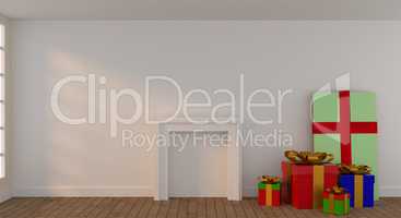 Colorful Christmas gift boxes in a bright room