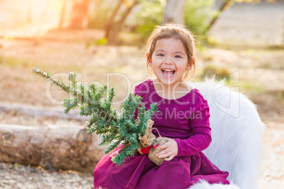 Cute Mixed Race Young Baby Girl Holding Small Christmas Tree