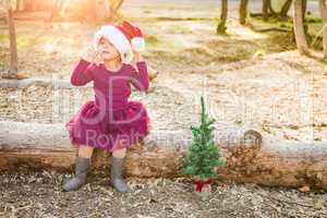 Mixed Race Toddler Girl in Santa Near a Tiny Christmas Tree