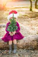 Mixed Race Toddler Girl in Santa Holding a Tiny Christmas Tree