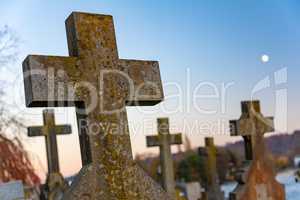 Crucifix Cross Gravestones in a Church Graveyard