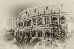 The Colosseum detailed view in retro style, Rome, Italy