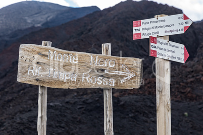 Hiking sign on the volcano Etna