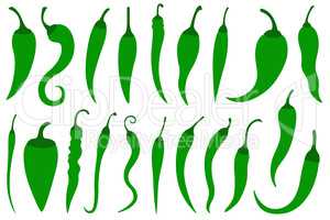 Set of different green hot chili peppers
