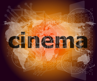 cinema word on digital screen with world map