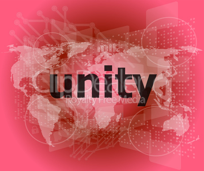 unity text on digital touch screen - business concept