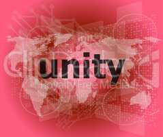 unity text on digital touch screen - business concept