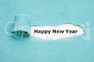Happy New Year Torn Blue Paper Greeting Card