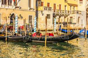 Gondolas moored on the Grand Canal of Venice, Italy