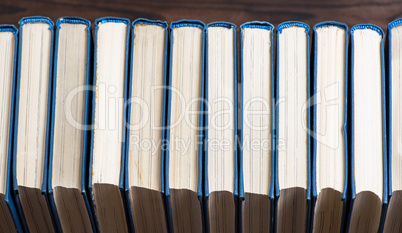 row of books with blue cover