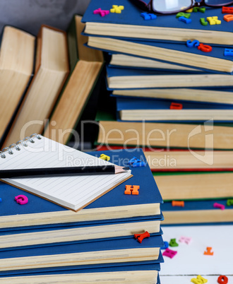 empty notebook with white sheets and many different books