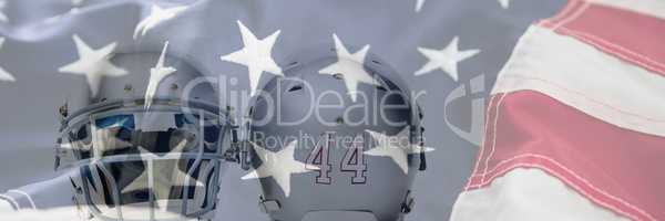 Composite image of close up of silver colored sports helmets