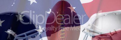 Composite image of close up of brown american football on tee by sports helmets