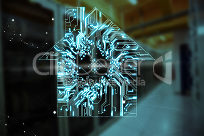 Composite image of house shape over circuit board