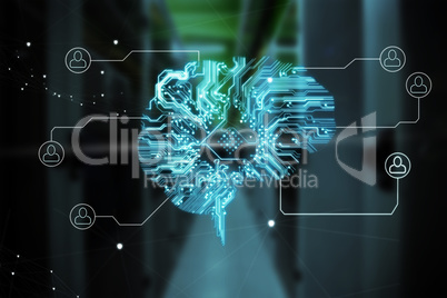Composite image of human brain connected to people icons on circuit board