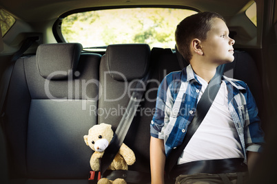 Teenage boy sitting with teddy bear in the car