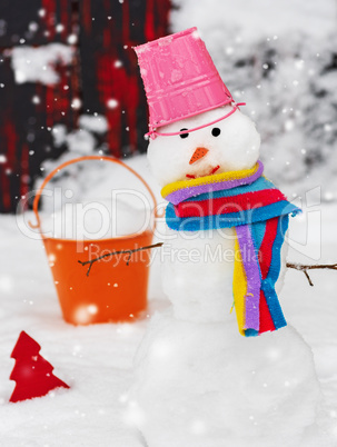 snowman with a bucket on his head on white snow