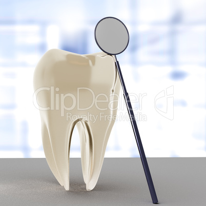 Tooth with dental mirror, 3d illustration