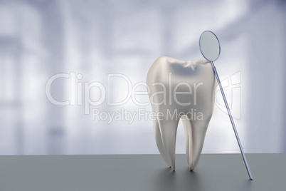 Tooth with dental mirror, 3d illustration