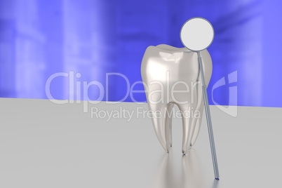 Tooth with dental mirror, 3d illustration