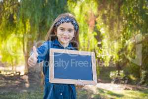 Cute Young Mixed Race Girl With Thumbs Up Holding Blank Chalkboard