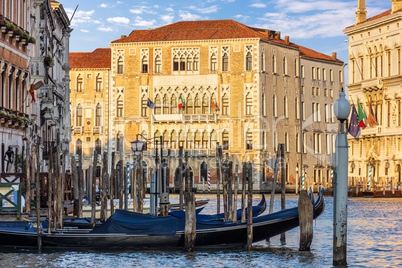 Gondolas moored in the Grand Canal near the University of Venice